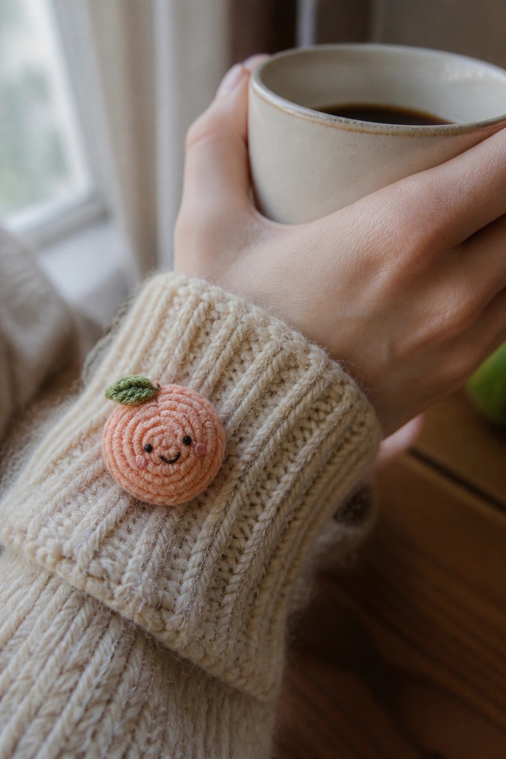 Hands in beige knit sweater holding coffee mug, crocheted peach pin on cuff.