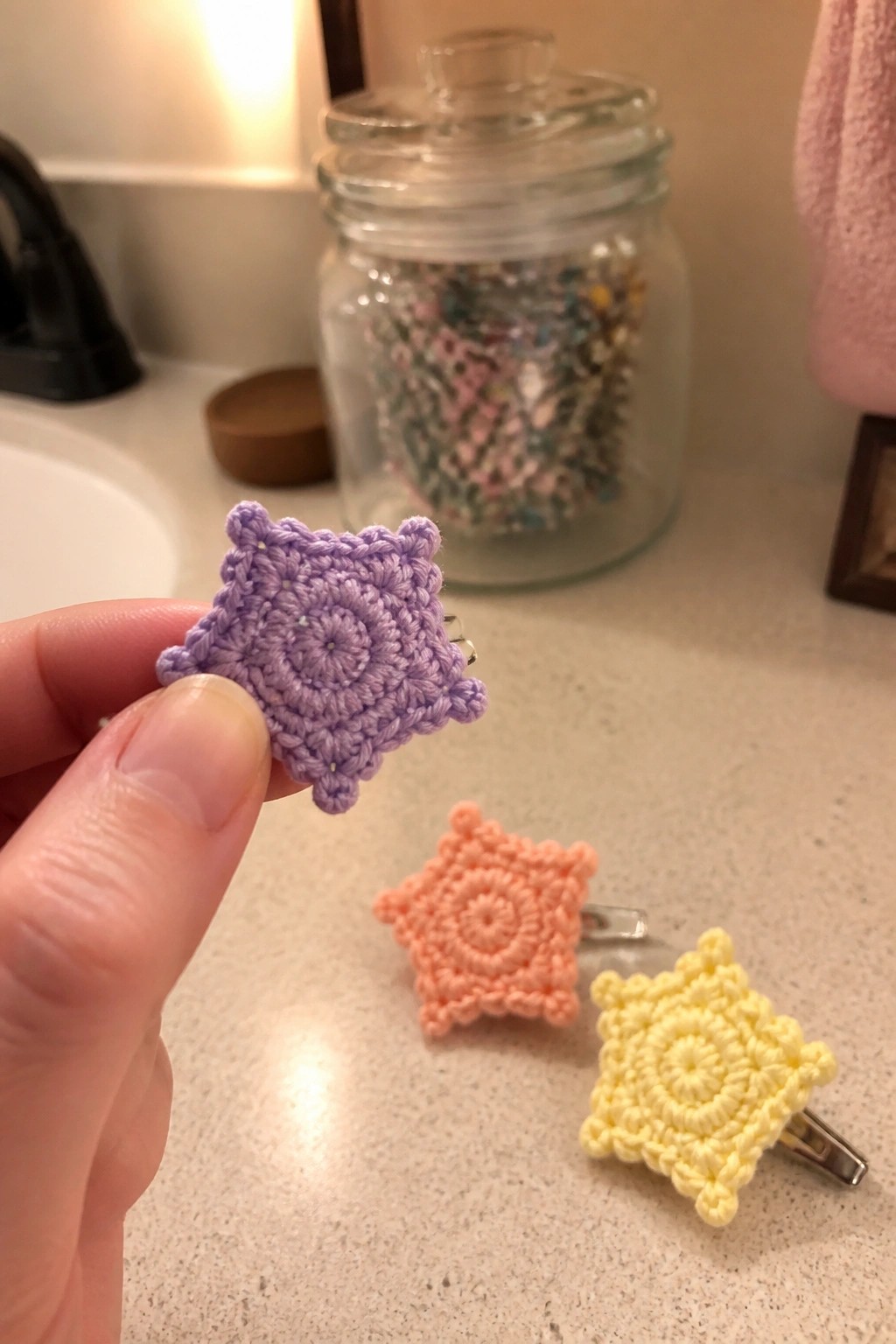 Hand holding purple crocheted star hair clip beside orange and yellow clips on counter