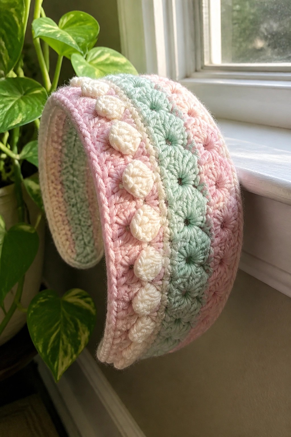 Pastel pink mint green crocheted headband with cream bobbles on windowsill by plant