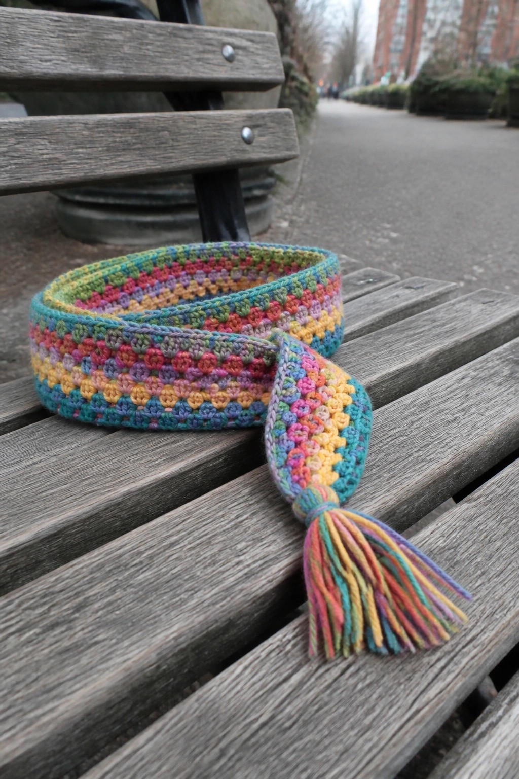 Colorful crocheted scarf with tassel draped across wooden park bench.