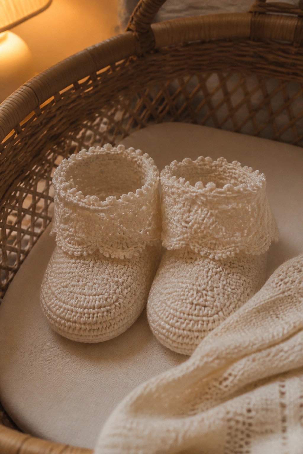Cream knitted baby booties with lace cuffs in woven basket on fabric
