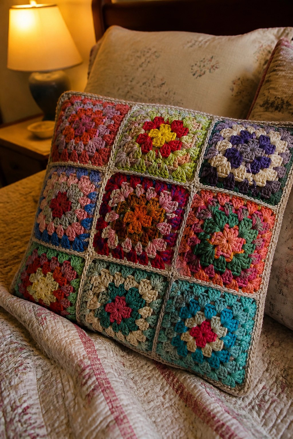 Colorful crocheted granny square pillow on a bed with bedside lamp.