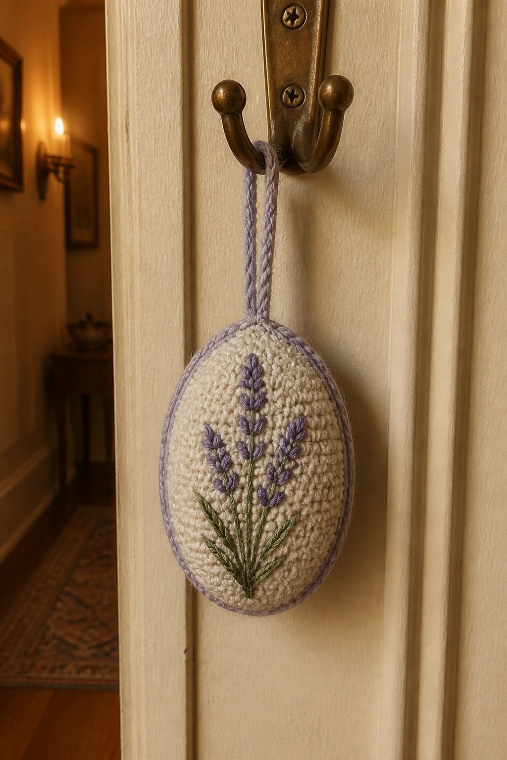 Crocheted oval ornament with lavender embroidery hangs from brass hook on white door