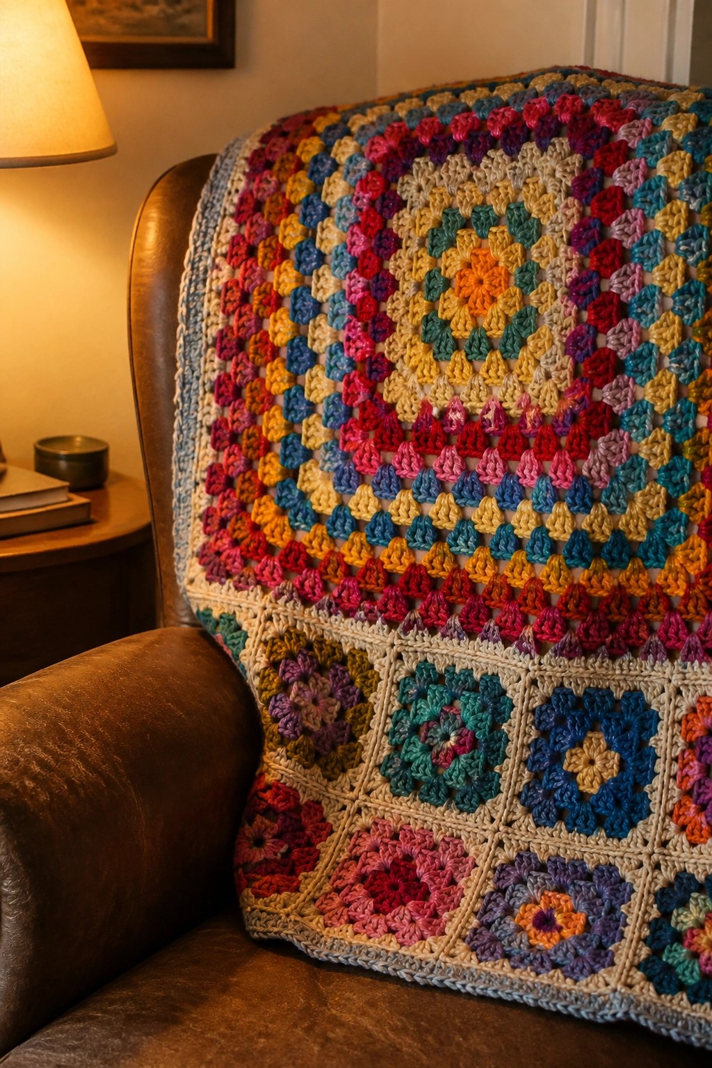 Vibrant crocheted granny square blanket draped over brown leather armchair