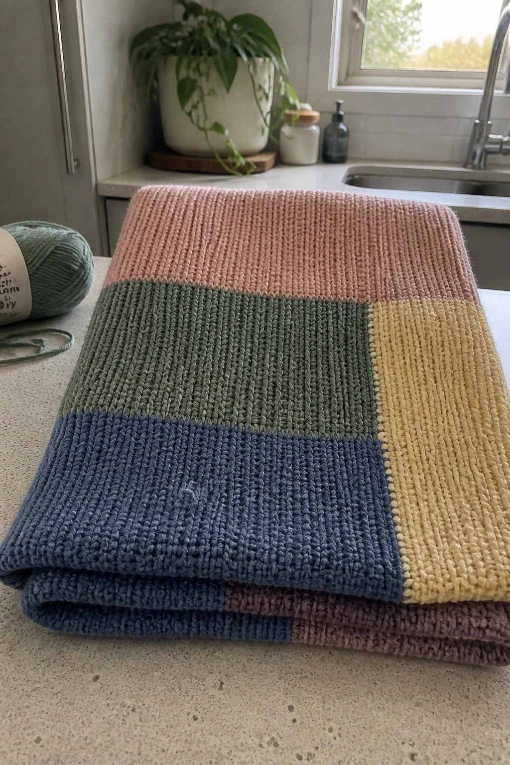 Color-blocked pink green blue yellow knitted blanket folded on kitchen counter beside yarn