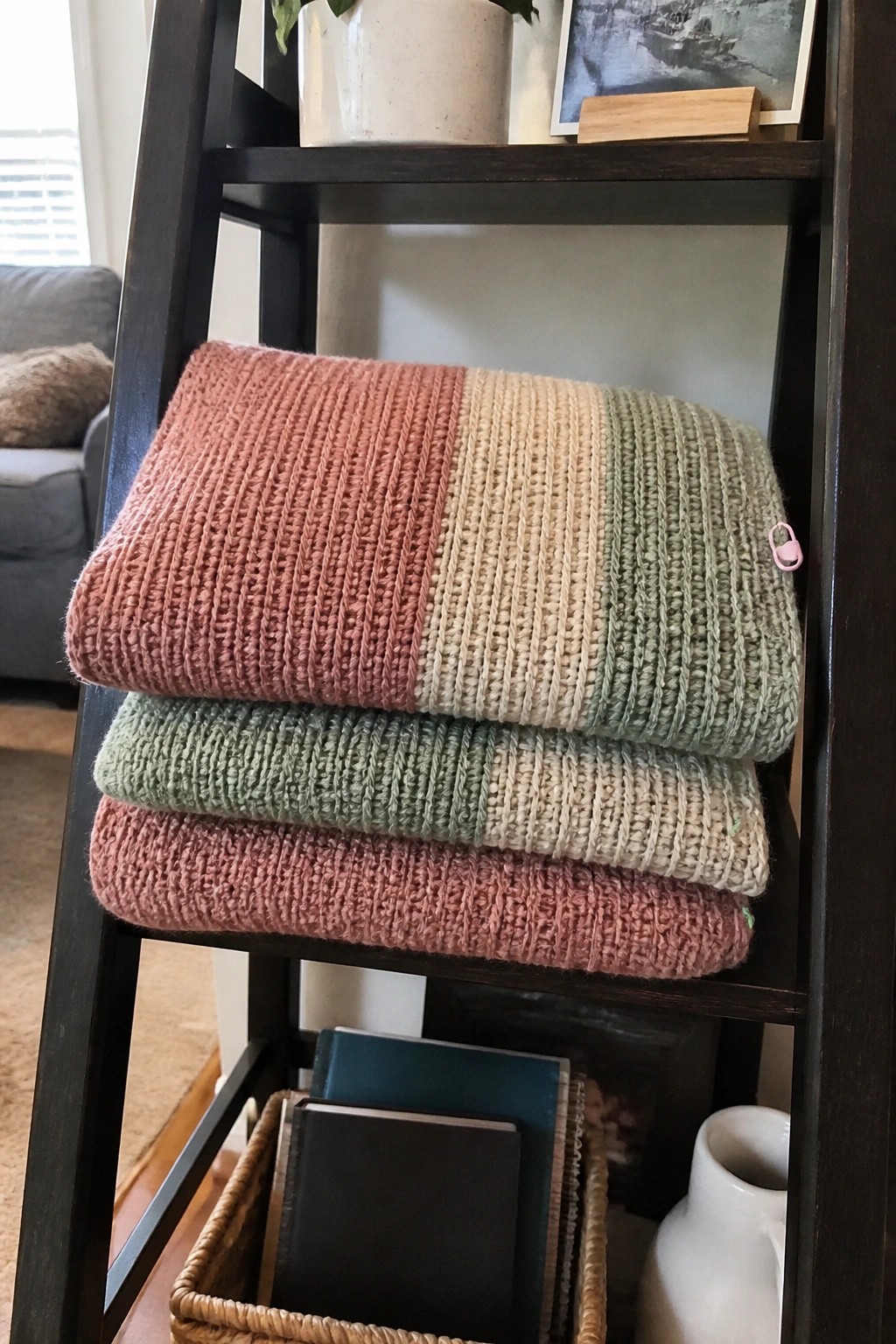 Stacked knitted blankets in pink, beige, and green on dark wooden ladder