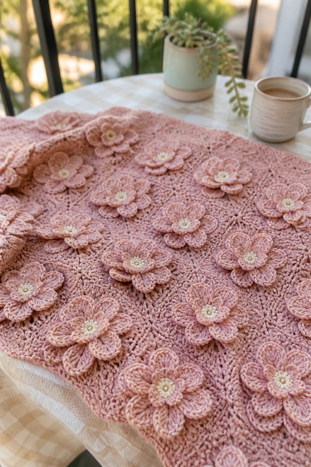 Pink crocheted blanket with floral motifs on checkered table beside mug and plant